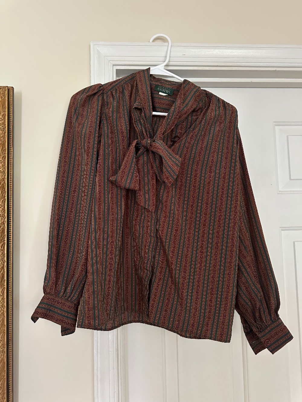 70s Vintage Brown and Teal Tie Front Blouse